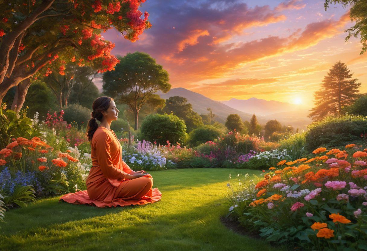 A serene landscape depicting a peaceful garden filled with blooming flowers and lush greenery, representing the essence of contentment. In the foreground, a joyful figure practices mindfulness, surrounded by ethereal sparkles symbolizing the thrill of life. The backdrop features a vibrant sunset casting warm colors across the sky, evoking a sense of tranquility and excitement. super-realistic. vibrant colors. soft focus.