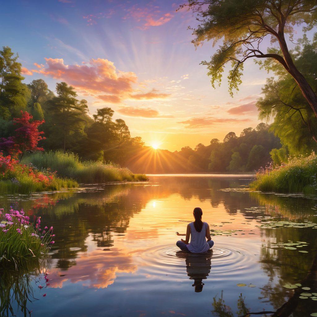A serene landscape depicting a sunrise over a tranquil lake, with a person meditating on the shore, surrounded by lush greenery and blooming flowers symbolizing joy and contentment. Soft rays of sunlight illuminate the scene, enhancing the sense of peace and harmony. Include gentle ripples on the water reflecting the vibrant colors of the sky, conveying a feeling of bliss. painterly style. vibrant colors. 3D.