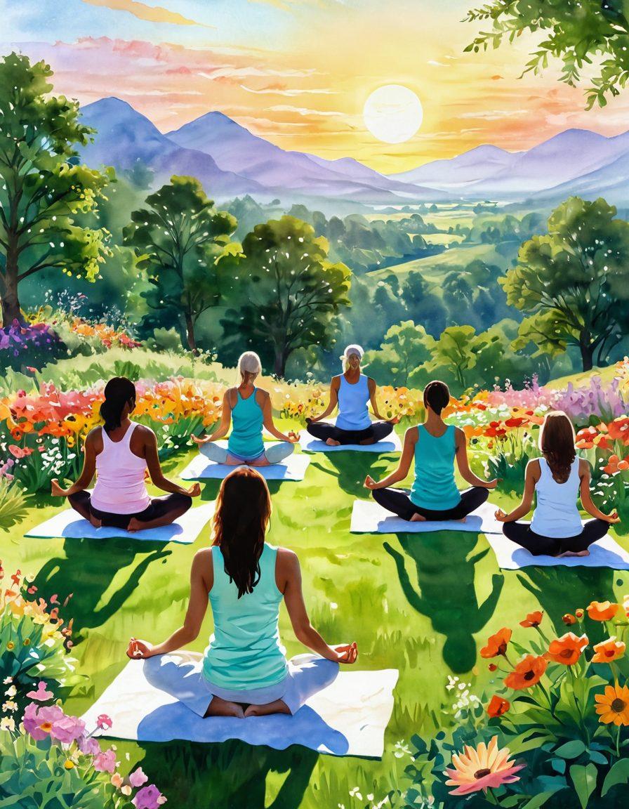 A luminous sun rising over a lush green landscape filled with colorful flowers, symbolizing hope and positivity. In the foreground, a diverse group of joyful people of different ages engaged in various uplifting activities like yoga, painting, and laughing together, radiating happiness and optimism. Soft, warm light envelops the scene, creating an inviting atmosphere. watercolor style with soft edges and pastel colors.